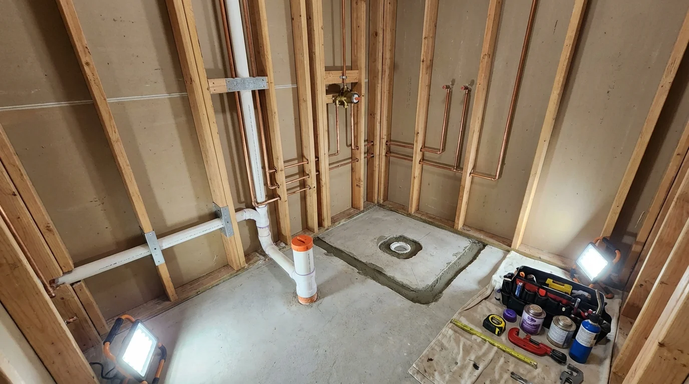 Bathroom rough-in plumbing during remodel by Johns Plumbing LLC in Empire