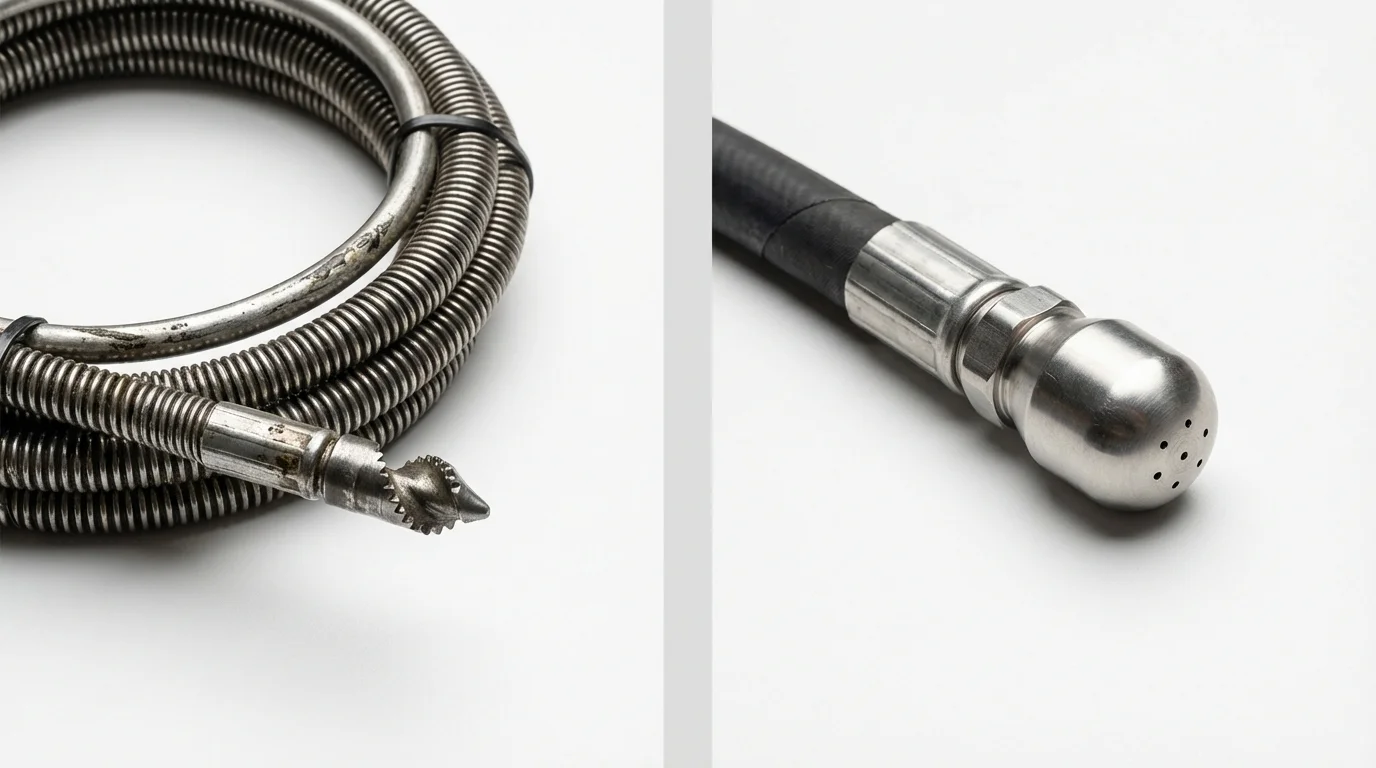Drain snake cable and hydro jetting nozzle used for drain cleaning in Empire, CA
