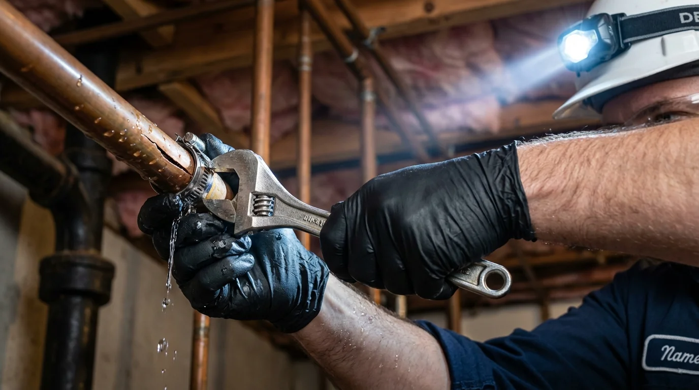 Emergency pipe clamp repair being performed by a Johns Plumbing LLC plumber in Empire
