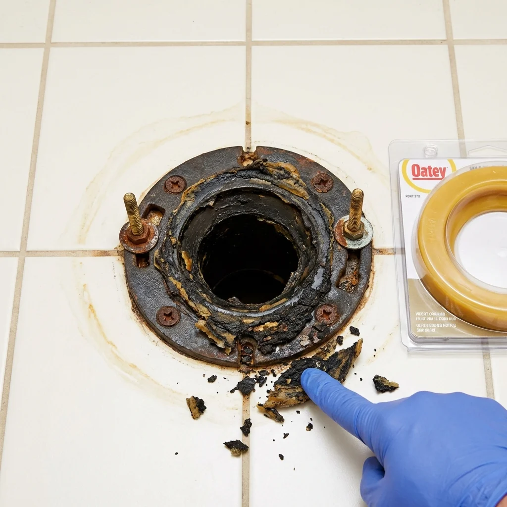 Failed wax ring showing water seepage at the base of a toilet in a Empire, CA home