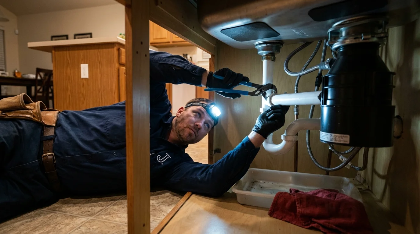 P-trap and supply line connections under a kitchen sink showing a common leak point in Empire, CA
